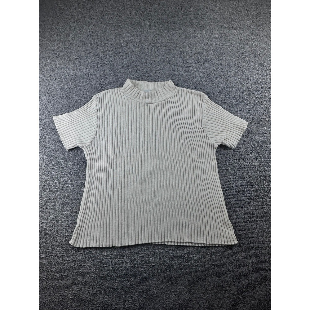 Vintage Willow Ridge Sweater Women L White Ribbed Short Sleeve Hong Kong Preppy